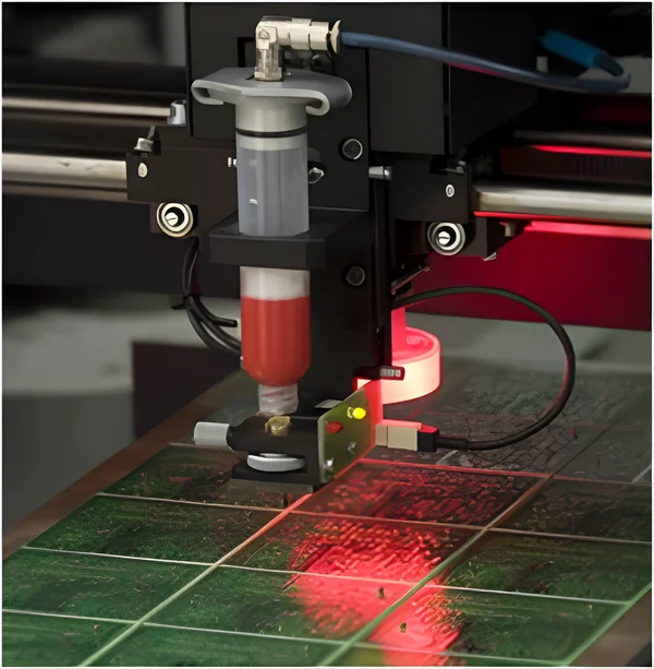 Gerät mit Spritze druckt rote Tinte auf Leiterplatte unter rotem Licht.