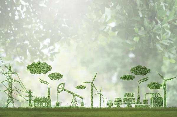 Die Grafik zeigt eine symbolische Darstellung von Industrie und erneuerbarer Energie aus grünen Blättern, die Nachhaltigkeit und Umweltschutz symbolisieren. Die wichtigsten Elemente sind: Industrieanlagen: Fabriken mit Schornsteinen, die grüne Rauchwolken ausstoßen. Energietechnik: Windräder, Solarpanels und Strommasten, die Energieerzeugung und -verteilung darstellen. Bohranlagen: Ein Ölpumpwerk, das durch grüne Blätter dargestellt wird. Wolken: In der Grafik schweben mehrere grüne Wolken aus Blättern, die für eine saubere Umwelt stehen. Hintergrund: Ein verschwommener, natürlicher Wald oder eine grüne Landschaft vermittelt eine umweltfreundliche Atmosphäre. Alle Objekte bestehen aus grünen Blättern, was einen Fokus auf nachhaltige Industrie und erneuerbare Energien visualisiert. Die Basis der Grafik zeigt eine grüne Wiese, die den Bezug zur Natur unterstreicht.