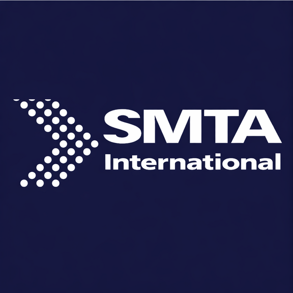 Logo mit "SMTA International" und gepunktetem Pfeil auf dunkelblauem Hintergrund.