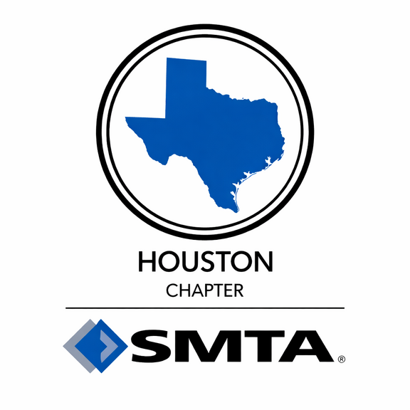 Karte von Texas im Kreis, darunter "Houston Chapter" und SMTA-Logo.