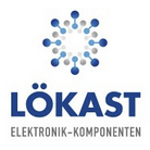 Auf dem Bild ist das Logo der Firma Lökast zu sehen. Blau und graue Kugeln zu einem Kreis angeordnet, darunter der blaue Schriftzug "Lökast" sowie der graue Schriftzug Elektronik-Komponenten.