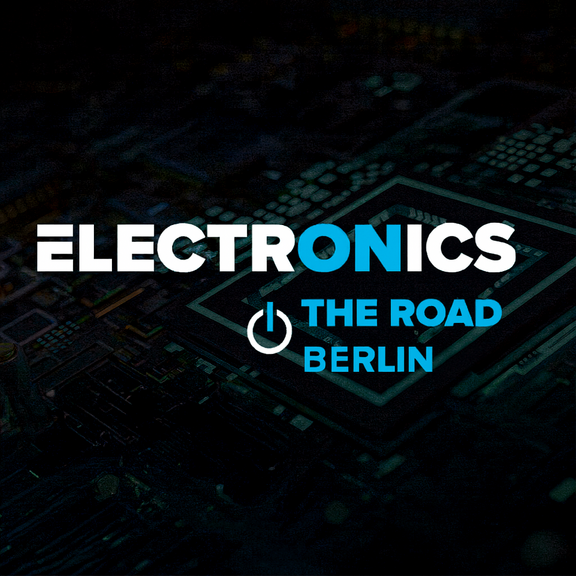 [Translate to Englisch:] Plakat mit Text "Electronics: The Road, Berlin" über einem Computerchip.