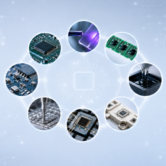Kreise mit Elektronik-Bildern in Ringformation auf abstraktem, digitalem Hintergrund.