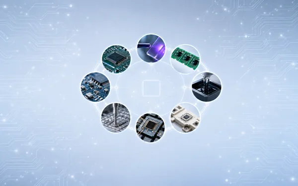 Kreise mit Elektronik- und Technikbildern auf einem blauen, schaltkreisähnlichen Hintergrund.