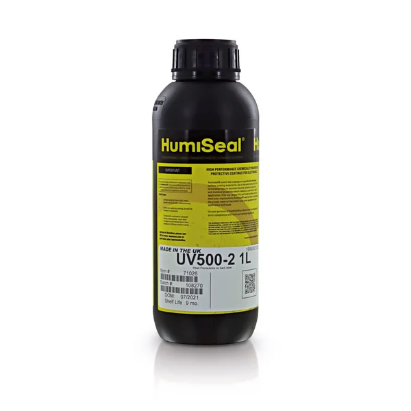 Auf dem Bild ist eine schwarze Flasche mit Schutzlack zu sehen. Das Label ist gelb-weiß-schwarz und trägt das HumiSeal-Logo.