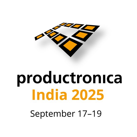 The picture shows the yellow and black logo of the trade fair, with the words Productronica India, 2025, 17-19 September underneath. 