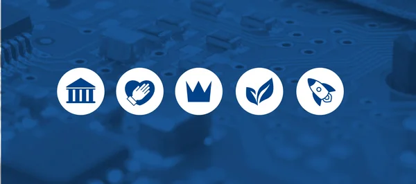 Das Bild zeigt eine Reihe von Symbolen, die die Kernwerte und das Leitbild von Stannol darstellen. Die Logos sind minimalistisch gestaltet und in einem klaren, modernen Stil gehalten, jeweils in einem weißen Kreis auf blauem Hintergrund: Tradition: Ein stilisiertes Gebäude mit Säulen, das Stabilität und die lange Geschichte von Stannol symbolisiert. Werte (Respekt, Toleranz und Fairness): Eine Hand auf einem Herzen, die für ethische Grundsätze, Mitgefühl und gegenseitigen Respekt steht. Qualität und Service: Eine Krone, die Exzellenz, höchste Standards und die Kundenorientierung des Unternehmens repräsentiert. Nachhaltigkeit: Ein Blatt, das das Engagement von Stannol für Umweltschutz, Ressourcenschonung und verantwortungsvolle Geschäftspraktiken zeigt. Innovation und Weiterentwicklung: Eine Rakete, die für Fortschritt, neue Technologien und die ständige Weiterentwicklung des Unternehmens steht. Diese Symbole zusammen fassen die Werte und Ziele von Stannol in einer klaren und leicht verständlichen Form.