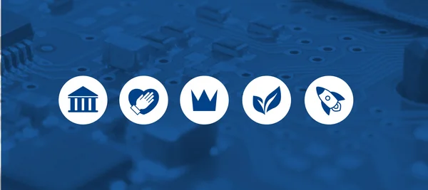 The image displays a series of icons representing the core values and mission statement of Stannol. The logos are minimalist in design and presented in a clear, modern style, each within a white circle on a blue background: Tradition: A stylized building with columns, symbolizing stability and the long history of Stannol. Our Values (Respect, Tolerance, and Fairness): A hand on a heart, representing ethical principles, compassion, and mutual respect. Quality and Service: A crown, symbolizing excellence, the highest standards, and the company's customer-oriented approach. Sustainability: A leaf, showcasing Stannol's commitment to environmental protection, resource conservation, and responsible business practices. Innovation and Progress: A rocket, symbolizing advancement, new technologies, and the company’s focus on constant development. Together, these icons summarize Stannol's values and goals in a clear and easily understandable manner.