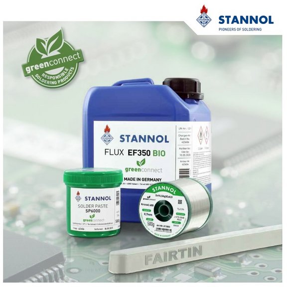 The picture shows the cover of the main Stannol catalogue: A blue flux canister, a green can of SP6000 solder paste a solder wire spool and a bar solder. The greenconnect logo can be seen at the top left and the Stannol logo at the top right. 