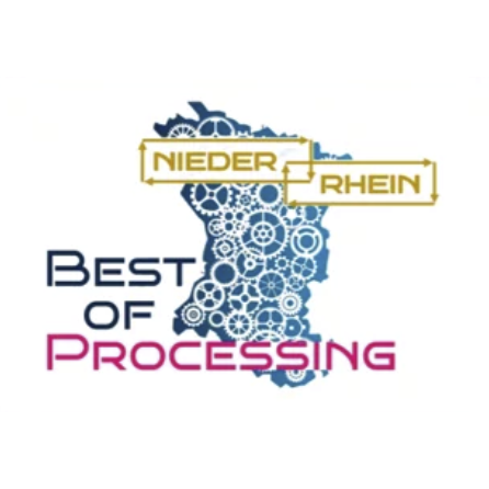 The picture shows the logo of the event. It shows a map of the Lower Rhine region made of cogwheels. The words Niederrhein - best of processing can be read next to and above it. 