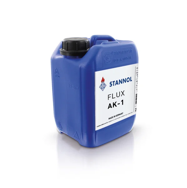 The picture shows a blue AK-1 Bio Flux canister with a white label and black lid. The white label bears the Stannol logo and product specifications.