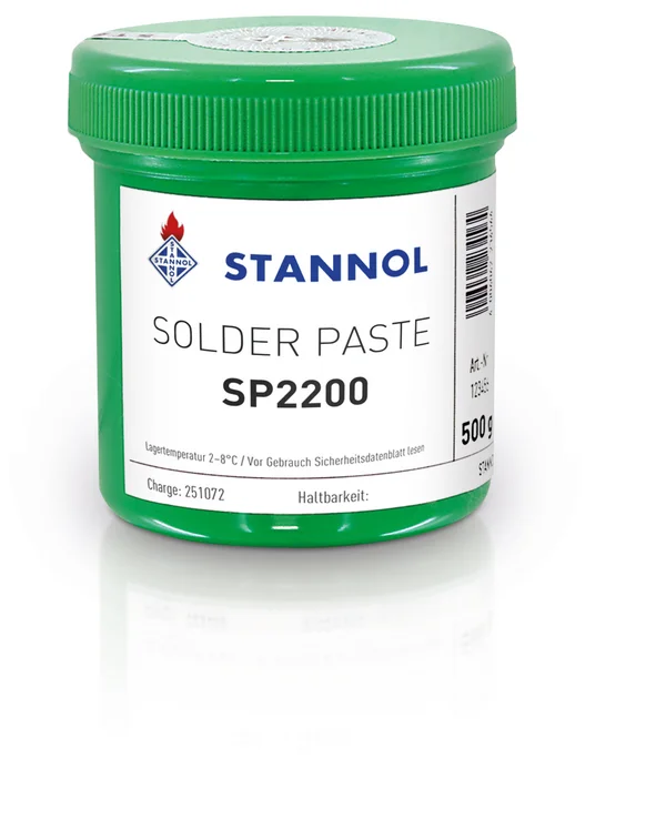The picture shows the solder paste SP2200 from Stannol: A green tin with a white label and Stannol logo.