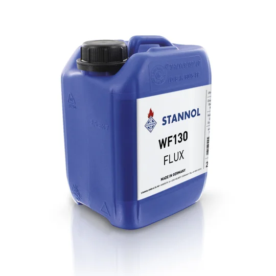 Auf dem Bild ist ein blauer Kanister mit dem Flussmittel WF130 von Stannol zu sehen.