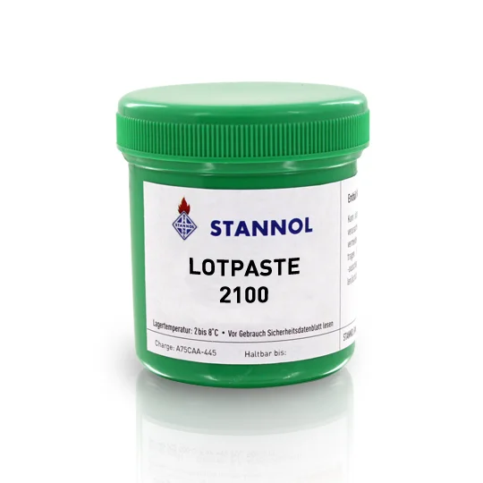 Das Bild zeigt eine grüne Dose mit der SP2100 Lotpaste von Stannol.