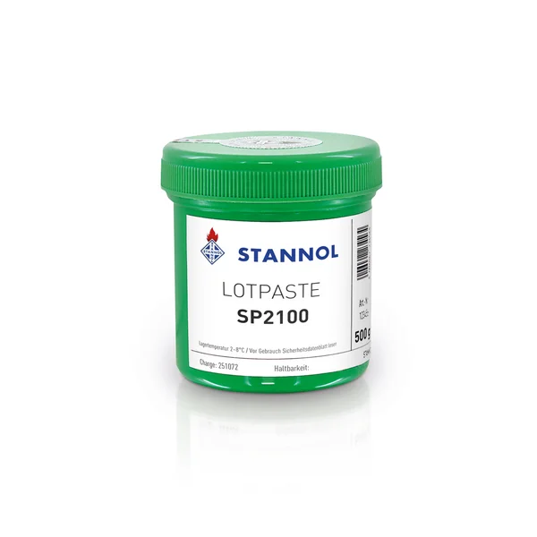 Auf dem Bild ist eine grüne SP2100-Lotpastendose von Stannol zu sehen. Das Etikett ist weiß und zeigt das Stannol-Logo sowie verschiedene Produktspezifikationen. 