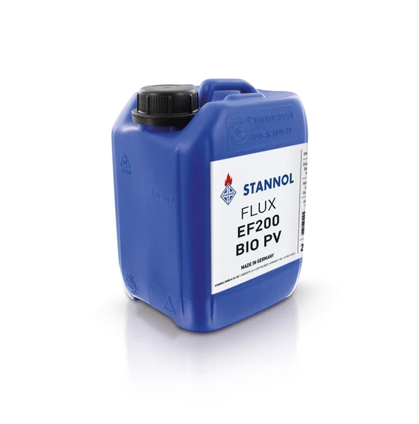 The picture shows a blue EF-200-Bio-PV flux canister with a white label and black lid. The white label bears the Stannol logo and product specifications.